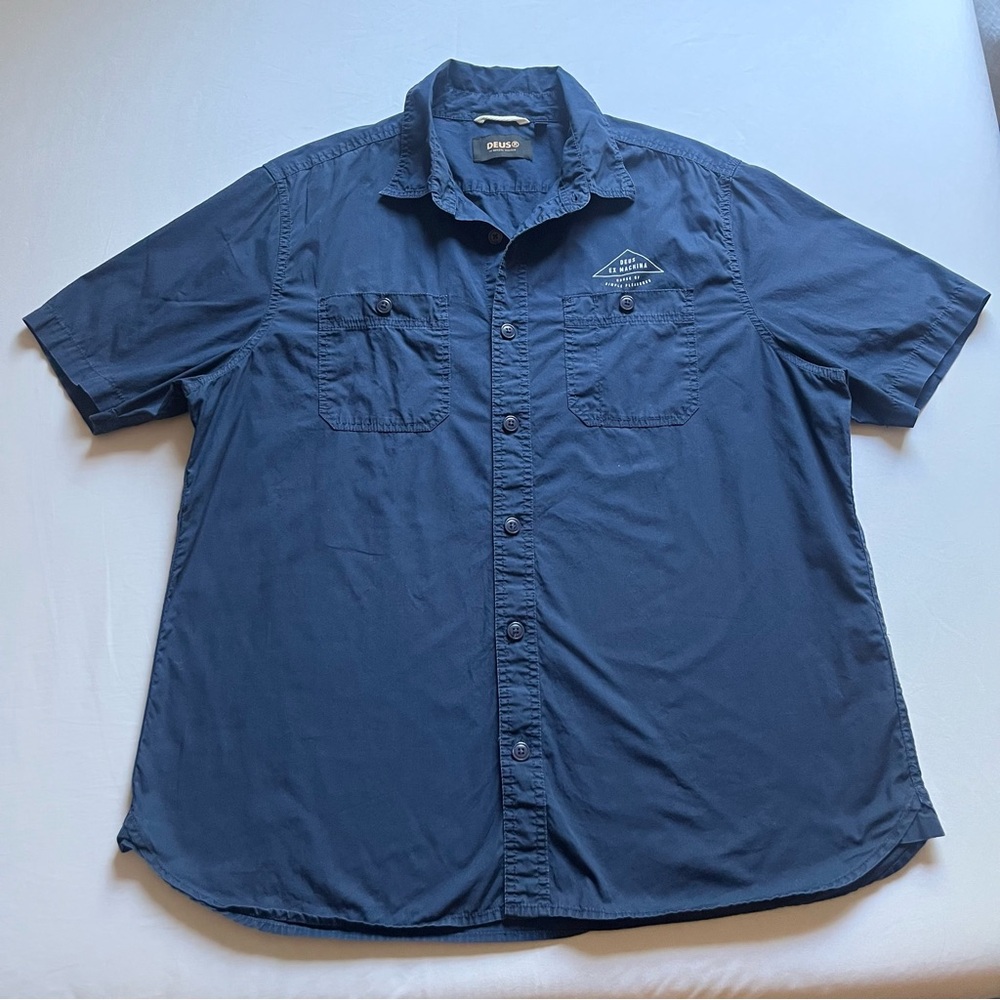 DEUS EX MACHINA men’s‎ navy blue logo cotton short sleeve button up shirt